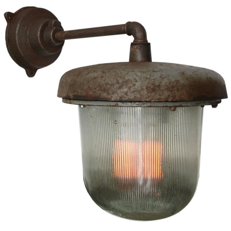Cast Iron Industrial Wall Light Holophane Glass (16x) For Sale at 1stdibs