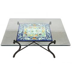 Wrought Iron and Tile Cocktail Table with Glass Top