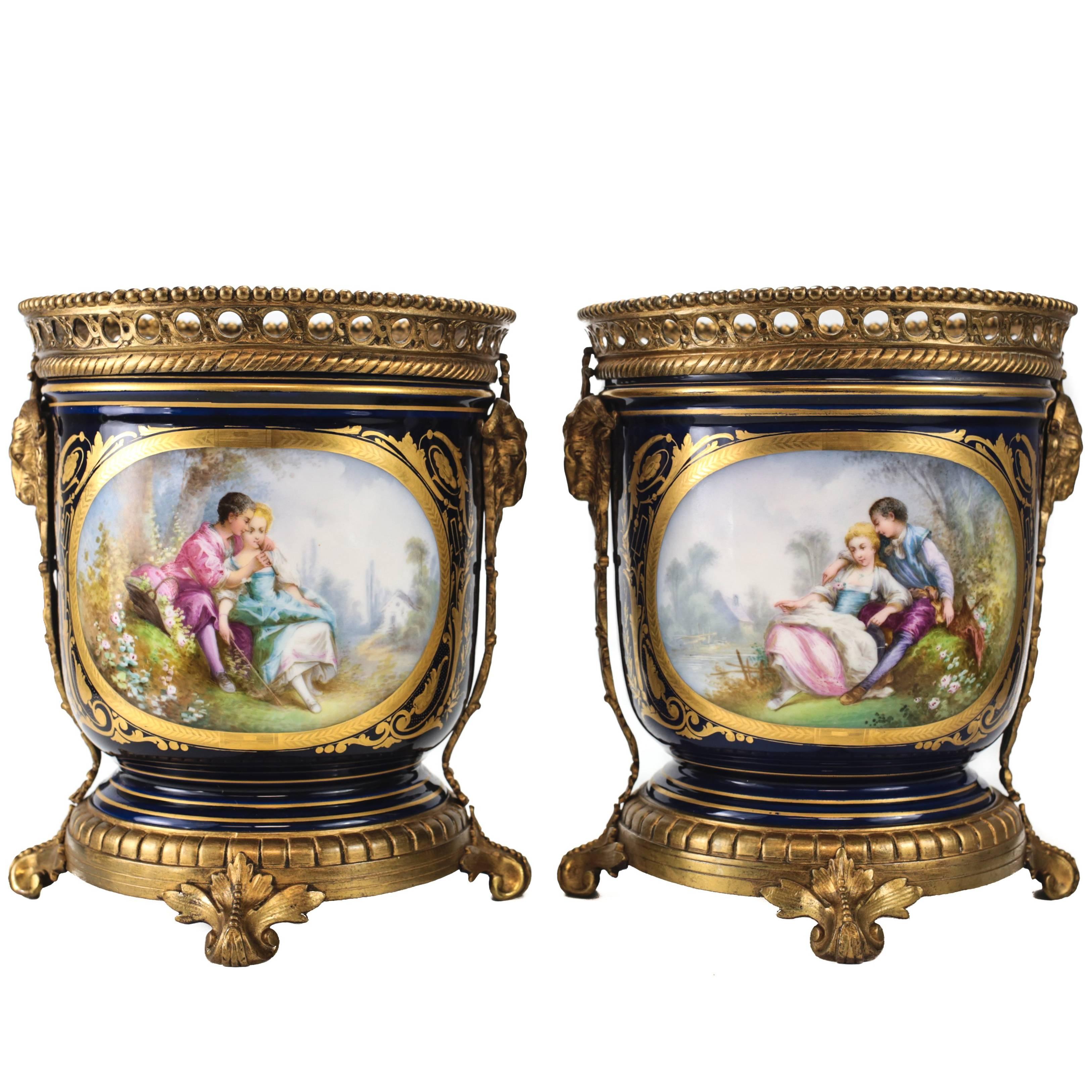 19th Century Pair of "Sevres" Bronze Mounted Porcelain Cache Pots For Sale
