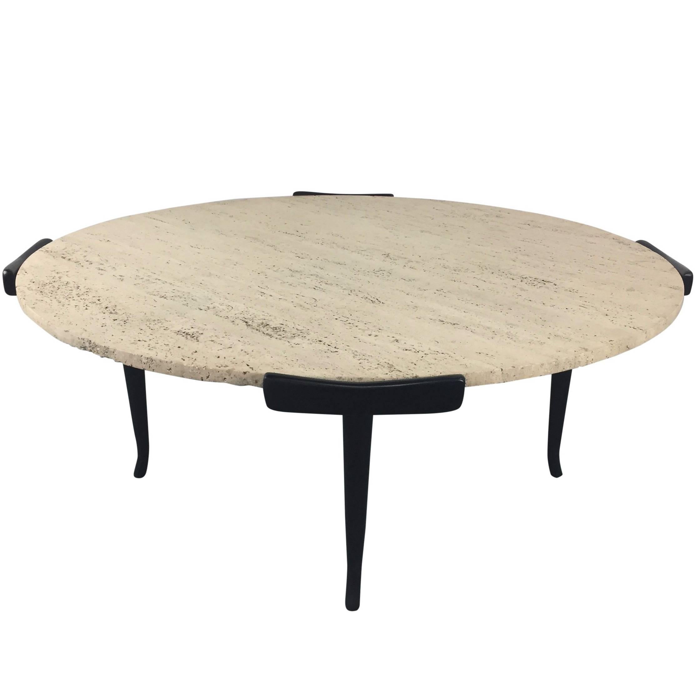 Italian Travertine and Ebonized Wood Coffee Table in the manner of Ico Parisi