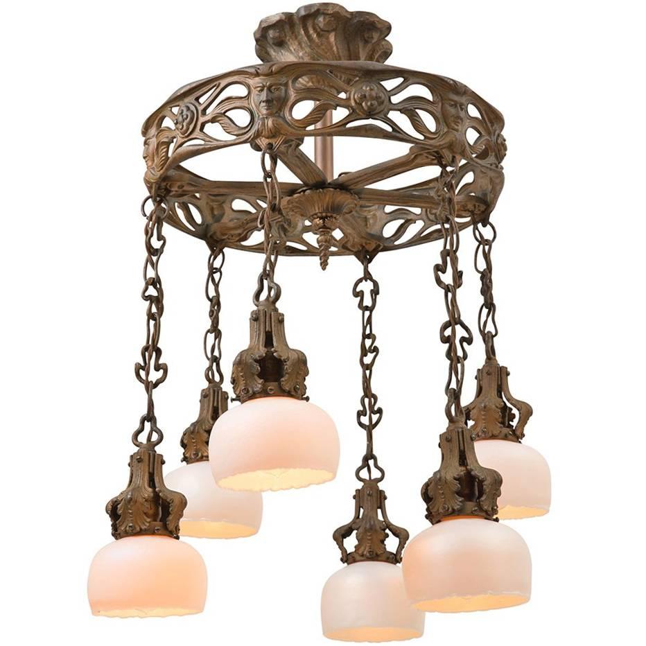 Cast Iron Figural Art Nouveau Chandelier with Art Glass Shades, circa 1900 For Sale