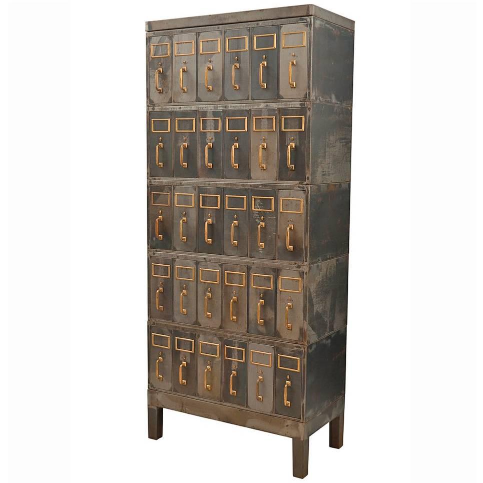 Tall Raw Steel Filing Cabinet with Brass Hardware, circa 1920s