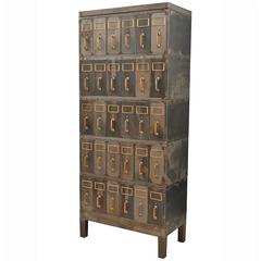 Antique Tall Raw Steel Filing Cabinet with Brass Hardware, circa 1920s