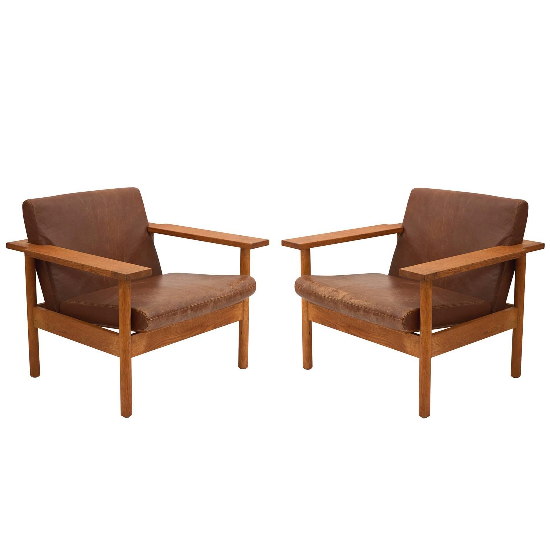 Pair of Mid-Century Oak and Leather Armchairs, circa 1960s