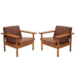 Pair of Mid-Century Oak and Leather Armchairs, circa 1960s