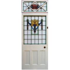 Painted Pine Front Door with Fixed Stained & Leaded Glass Overlight, circa 1910 4