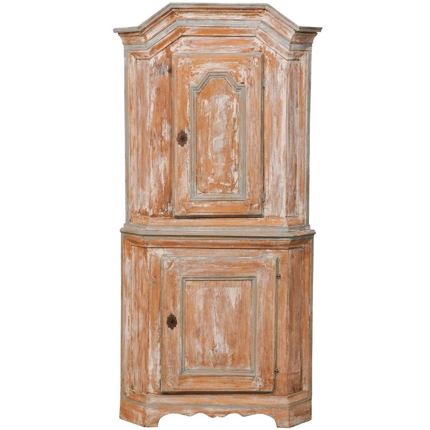 A Swedish Late-Baroque Corner Cabinet with Pediment Cornice & Scalloped Base