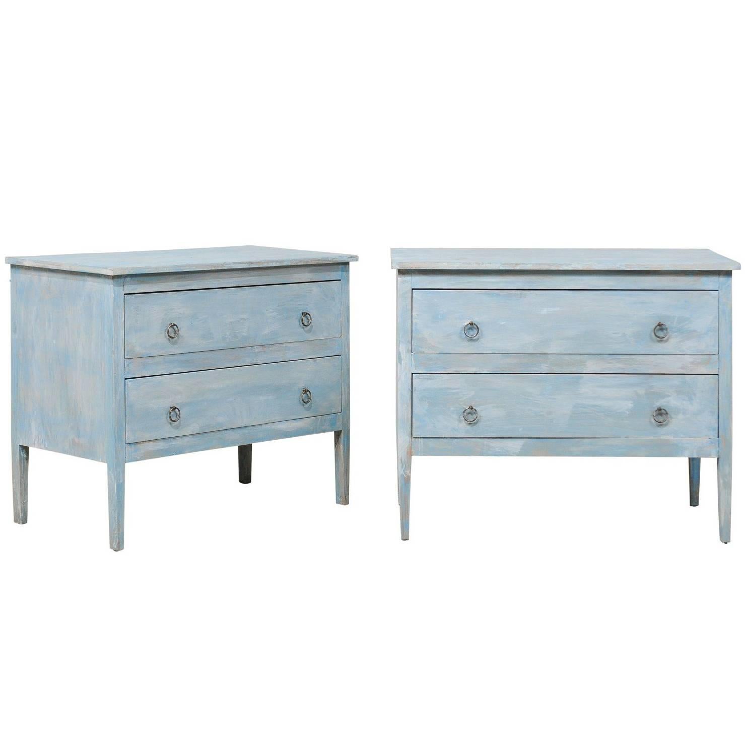 Pair of Painted Wood Two-Drawer Chests in Grey, Light Blue and White Color