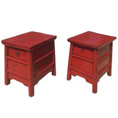 Pair of Red Lacquer Antique Chinese Stools