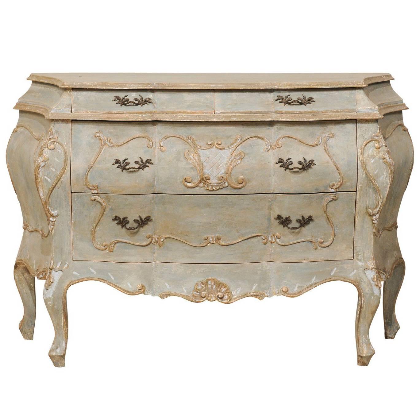 Painted Wood Bombé, Rococo Inpired Four-Drawer Chest Adorned with Shell Carving