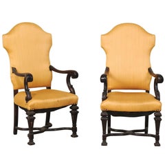 Pair of Italian Carved Wood Armchairs with Serpentine, X-Shaped Cross Stretcher