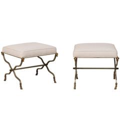 Pair of French Upholstered X-Shaped Stools with Brass Ram Head Motif Accents