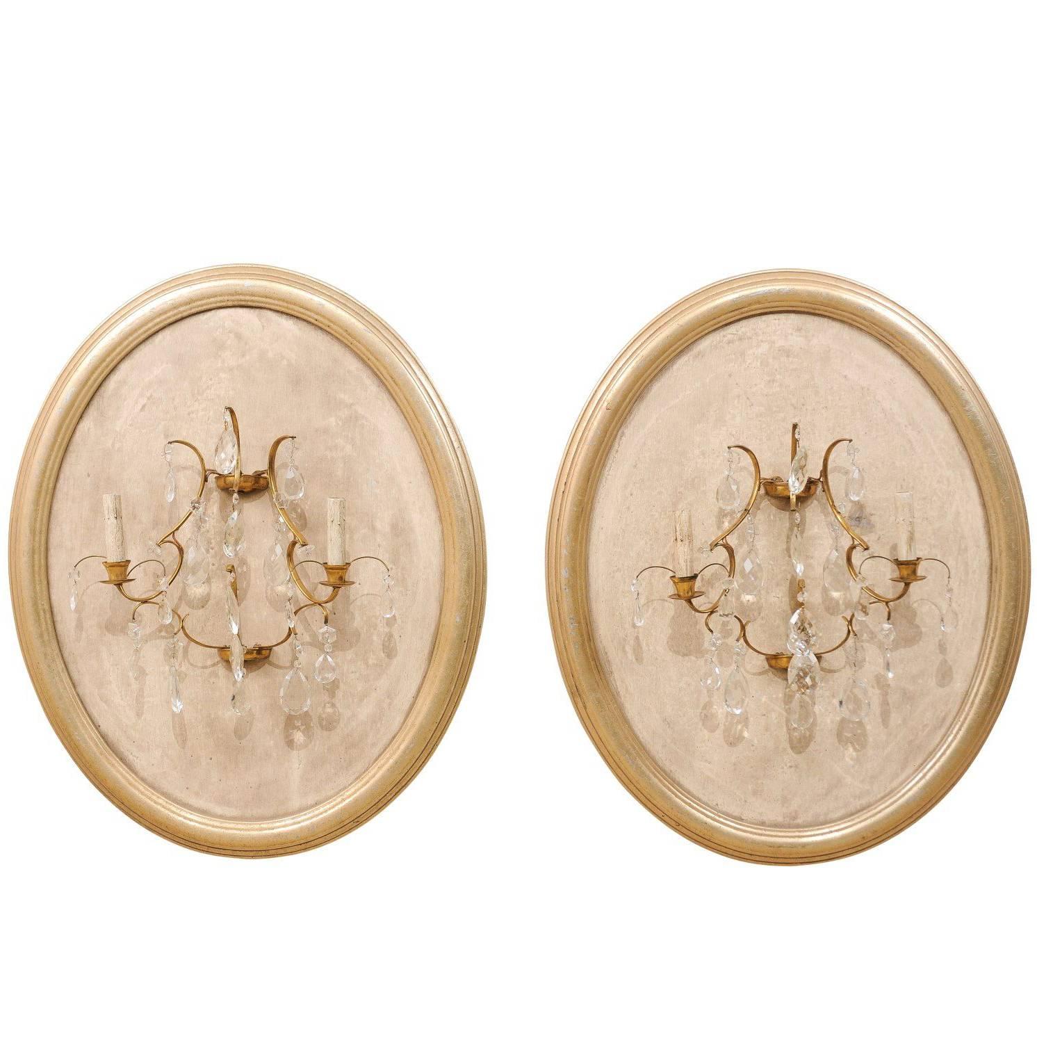 Pair of Neutral Cream Colored Crystal Sconces on Oval Wood Plaques, Two-Light