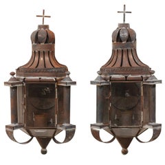 Pair of Mexican Dark Colored Patinated Single Candle Sconces with Crosses