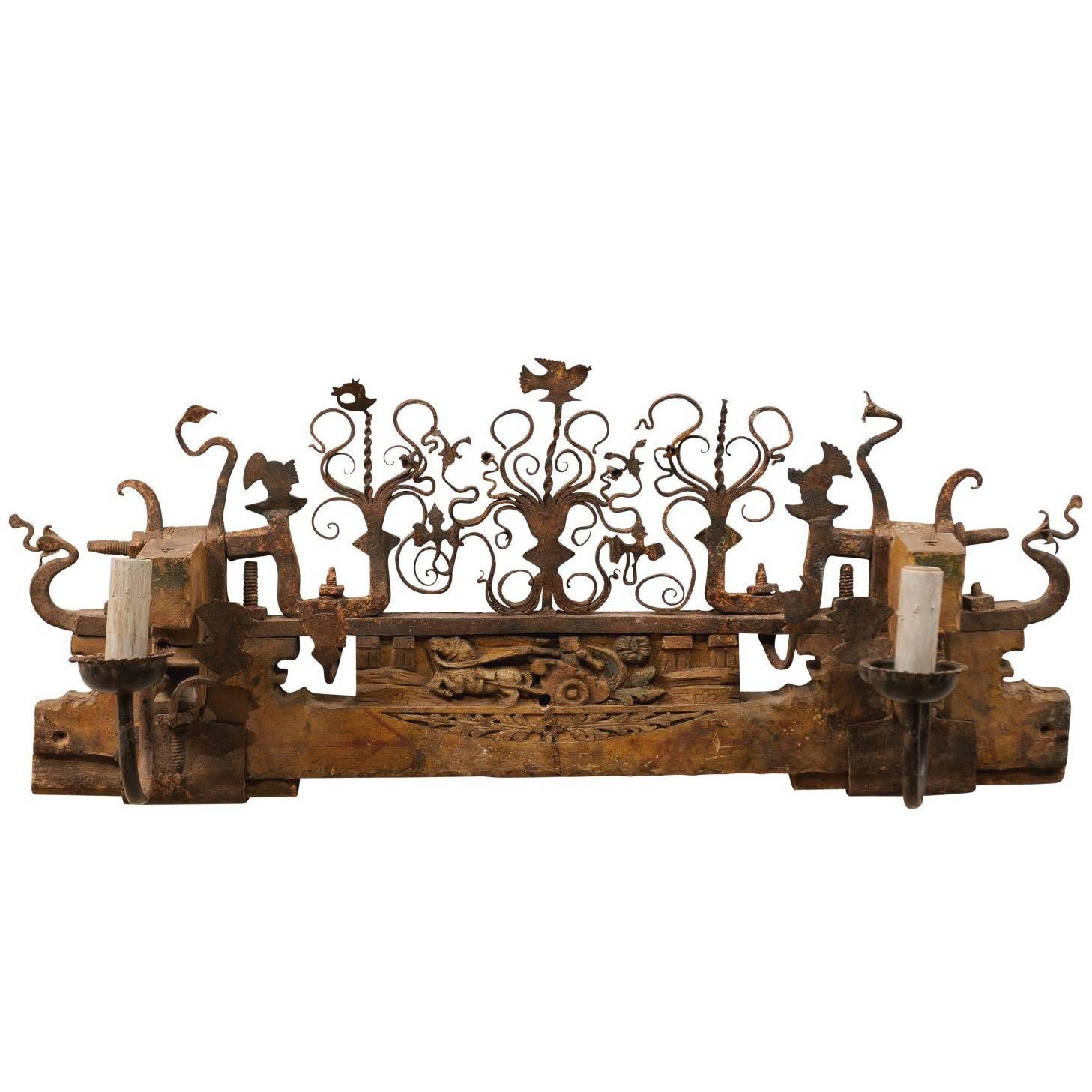 Unique Two-Light Sconce from a Sicilian Ox Cart Ornament of Wood & Metal   