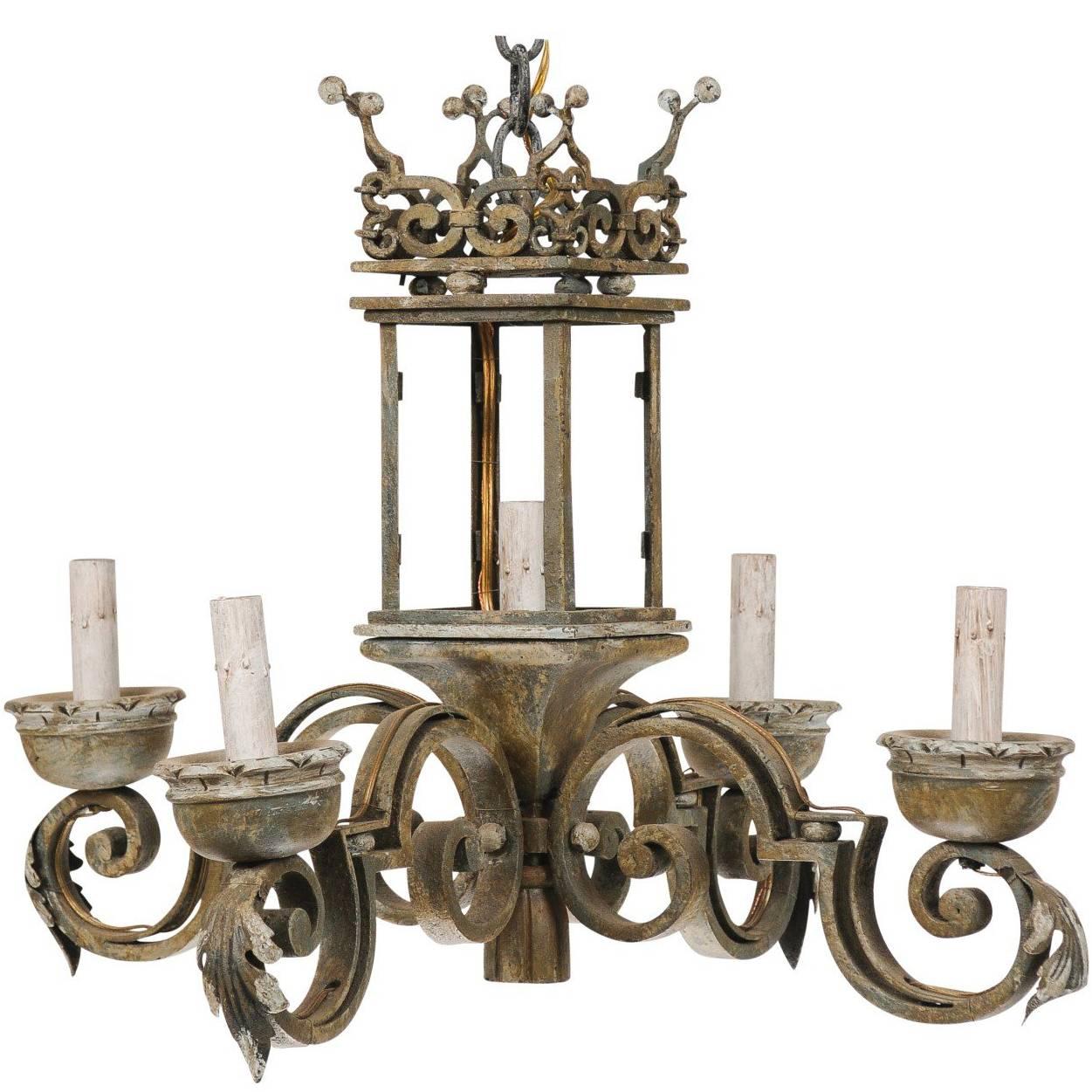 Italian Chandelier with Regal Crown at the Top, Hand-Forged Iron & Painted Wood