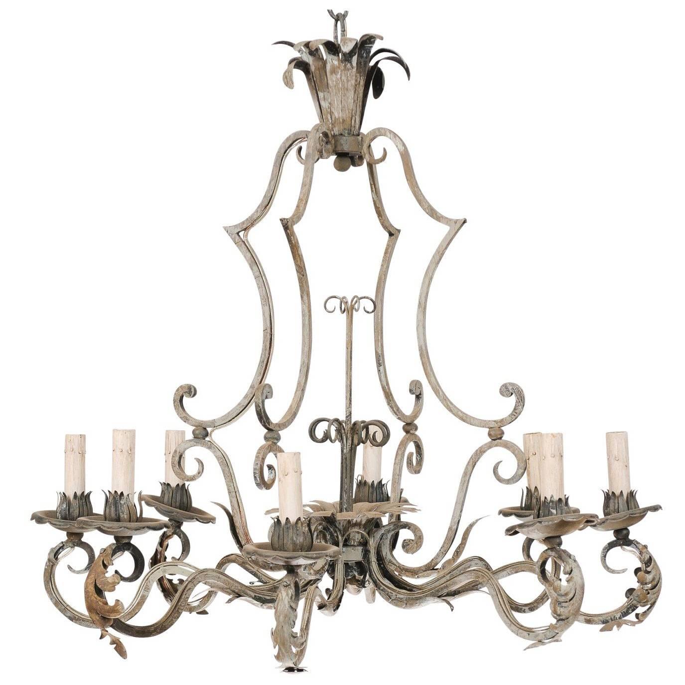 French Painted 8-Light Forged-Iron Chandelier Adorn w/ Acanthus Leaves & Scrolls