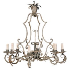 French Painted 8-Light Forged-Iron Chandelier Adorn w/ Acanthus Leaves & Scrolls