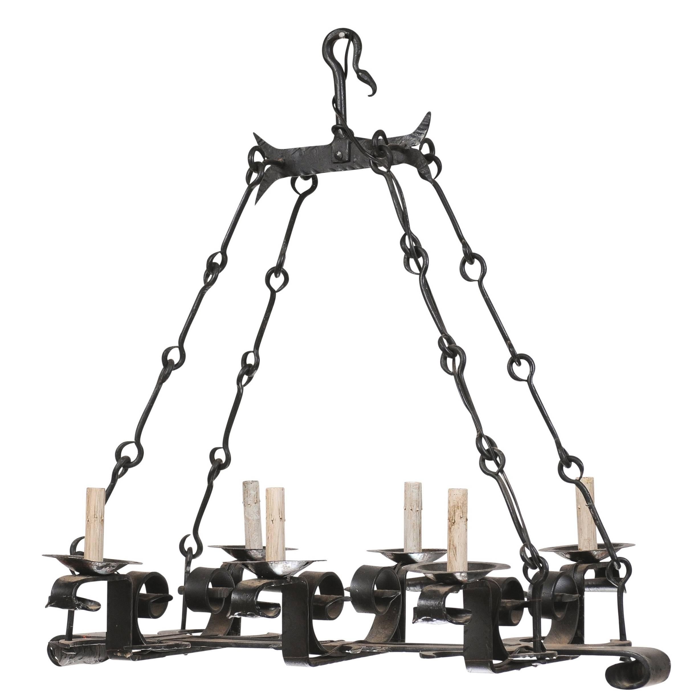 French Forged Iron Chandelier with Six Lights and Black Color