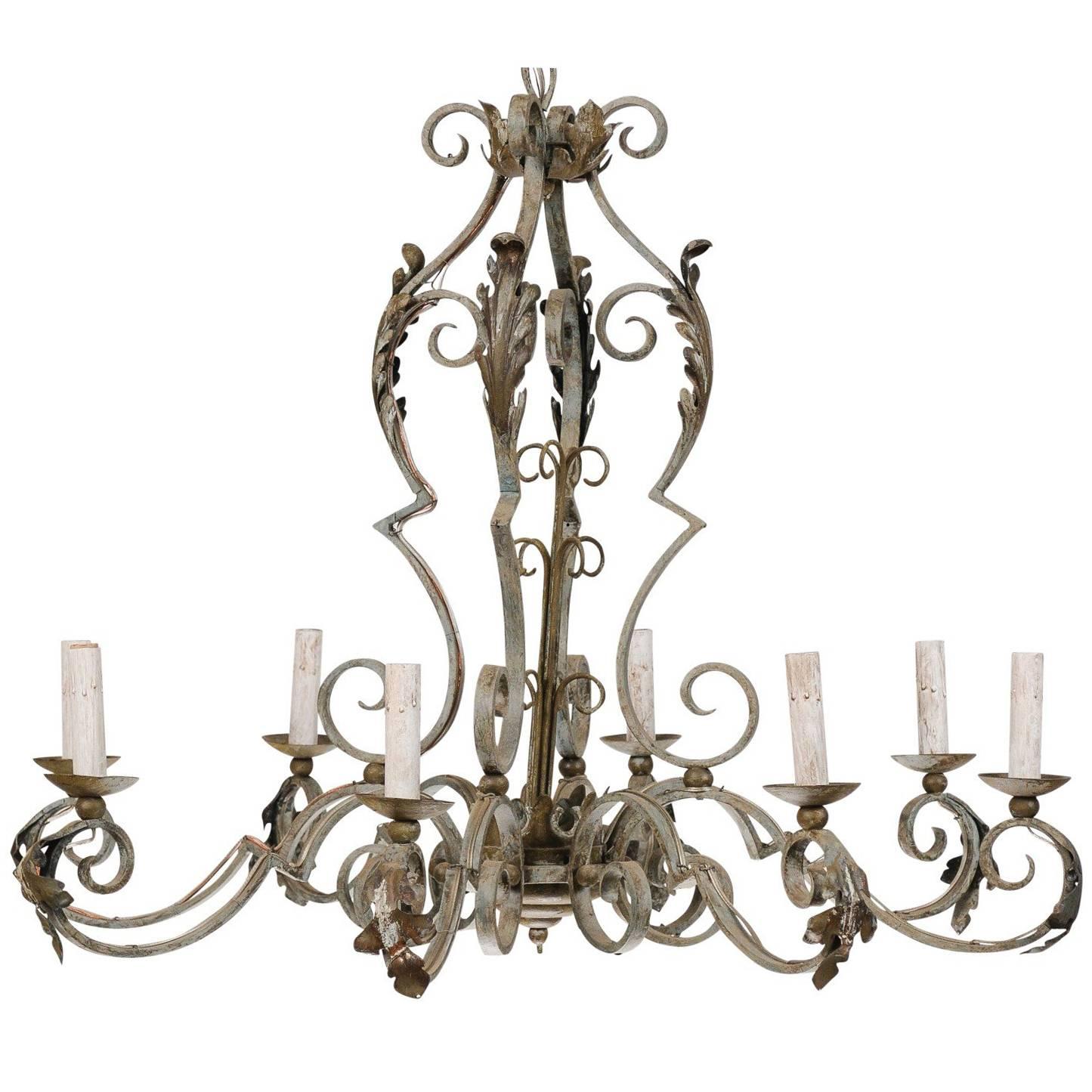 Ornate French Painted Iron Eight-Light Chandelier with Acanthus Leaves