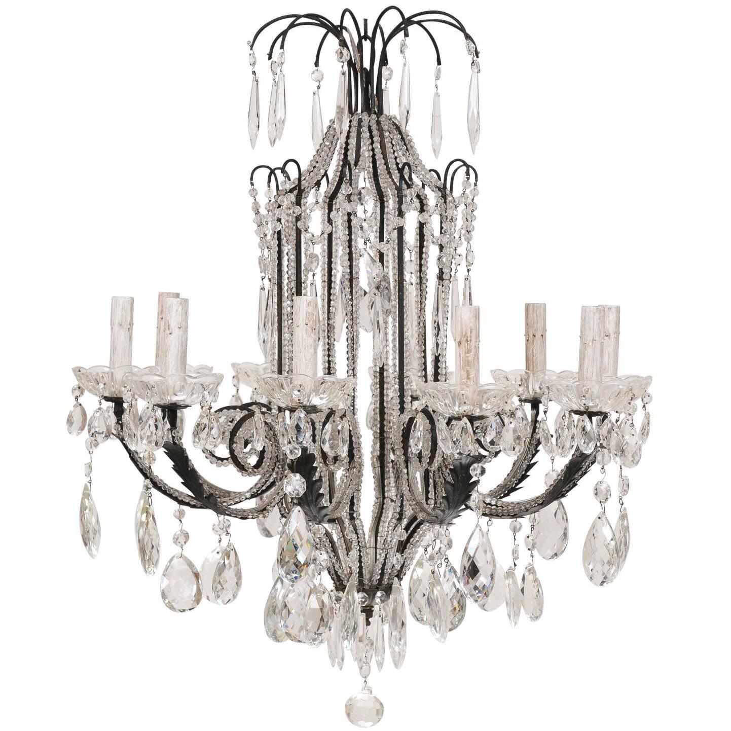 Italian Ten-Light Crystal Chandelier with Black Wrought Iron Armature