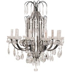 Antique Italian Ten-Light Crystal Chandelier with Black Wrought Iron Armature