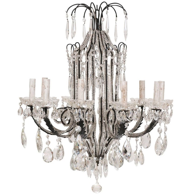 Italian Ten-Light Crystal and Dark Wrought Iron Chandelier For Sale
