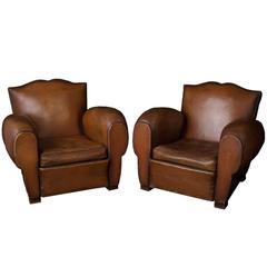 Pair of King-size French Mustache Leather Club Chairs