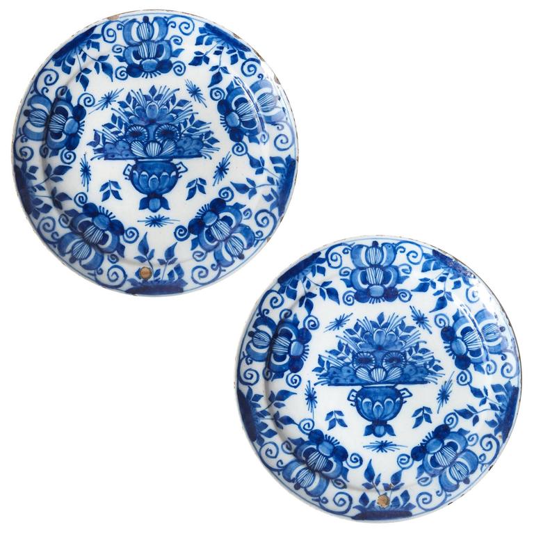 Pair of Tin Glazed Dutch Delft Cobalt Blue and White Dishes For Sale at  1stDibs