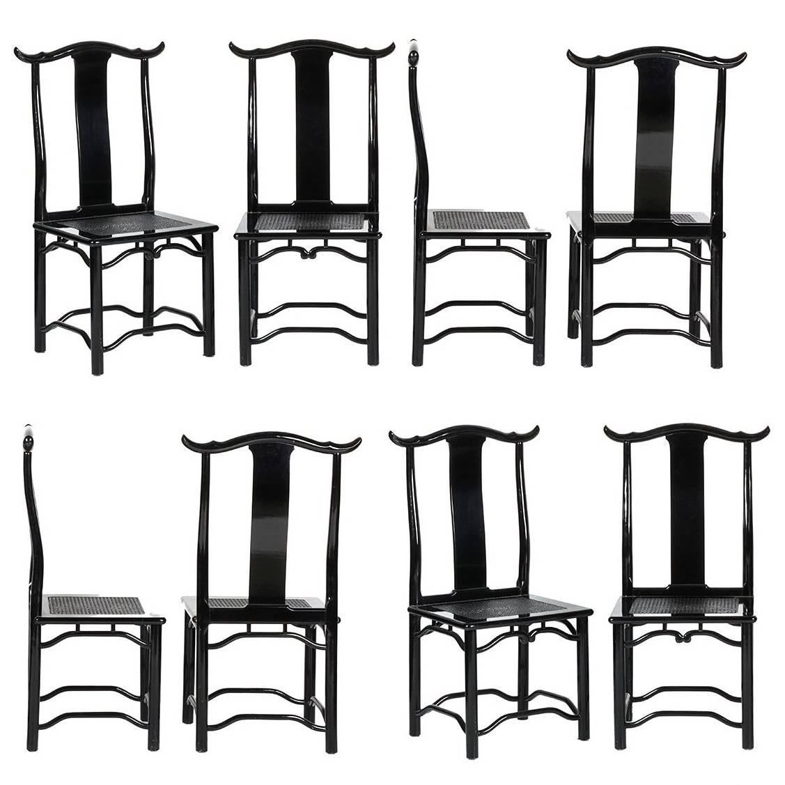 Set of Eight Italian Black Lacquered Dining Chairs, circa 1970