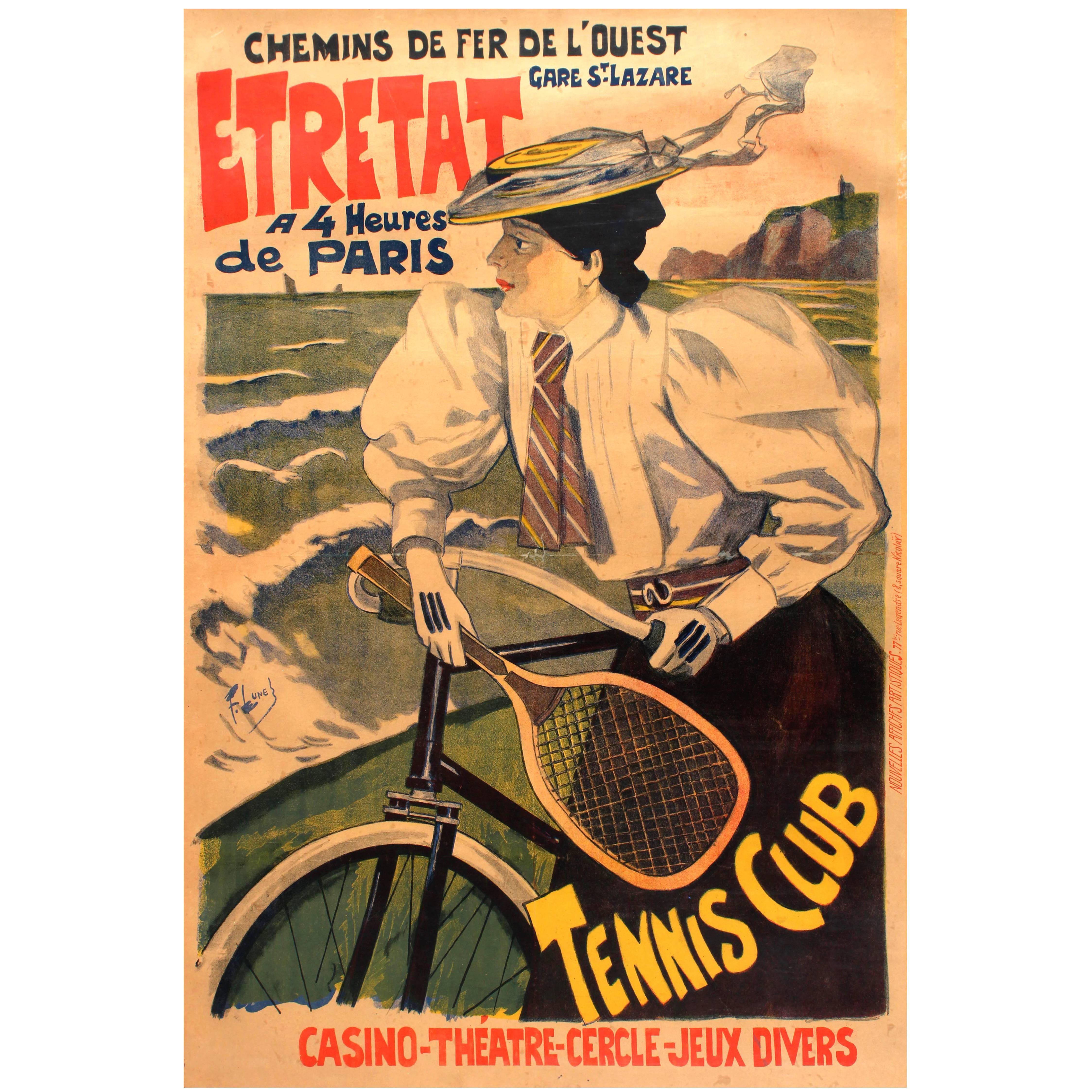 Affiche originale et ancienne des Chemins De Fer De L'Ouest Paris Etretat, Chemins de fer, Voiture, Tennis en vente
