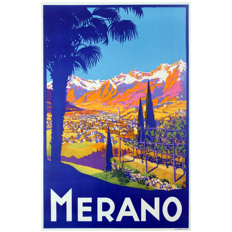 Original Vintage Travel Poster Advertising Merano in the Tyrol Region Italy For Sale