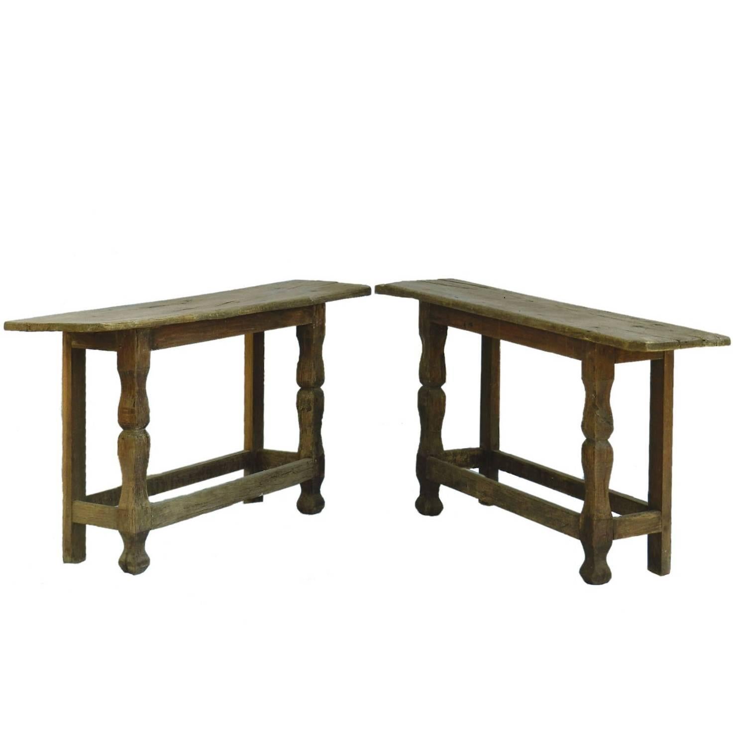 Pair of Console Tables Primitive Folk Art Brutalist, French Country House