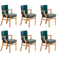 Set of Six Leather and Maple Wood Dining Chairs, circa 1940
