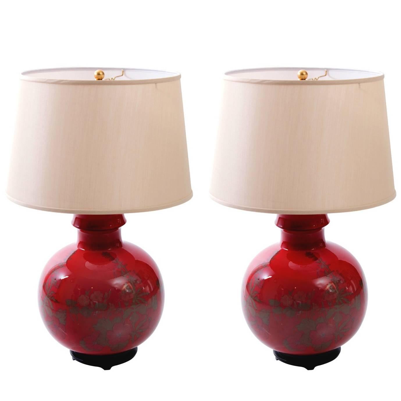 Red and Gold Chinoiserie Porcelain Lamps