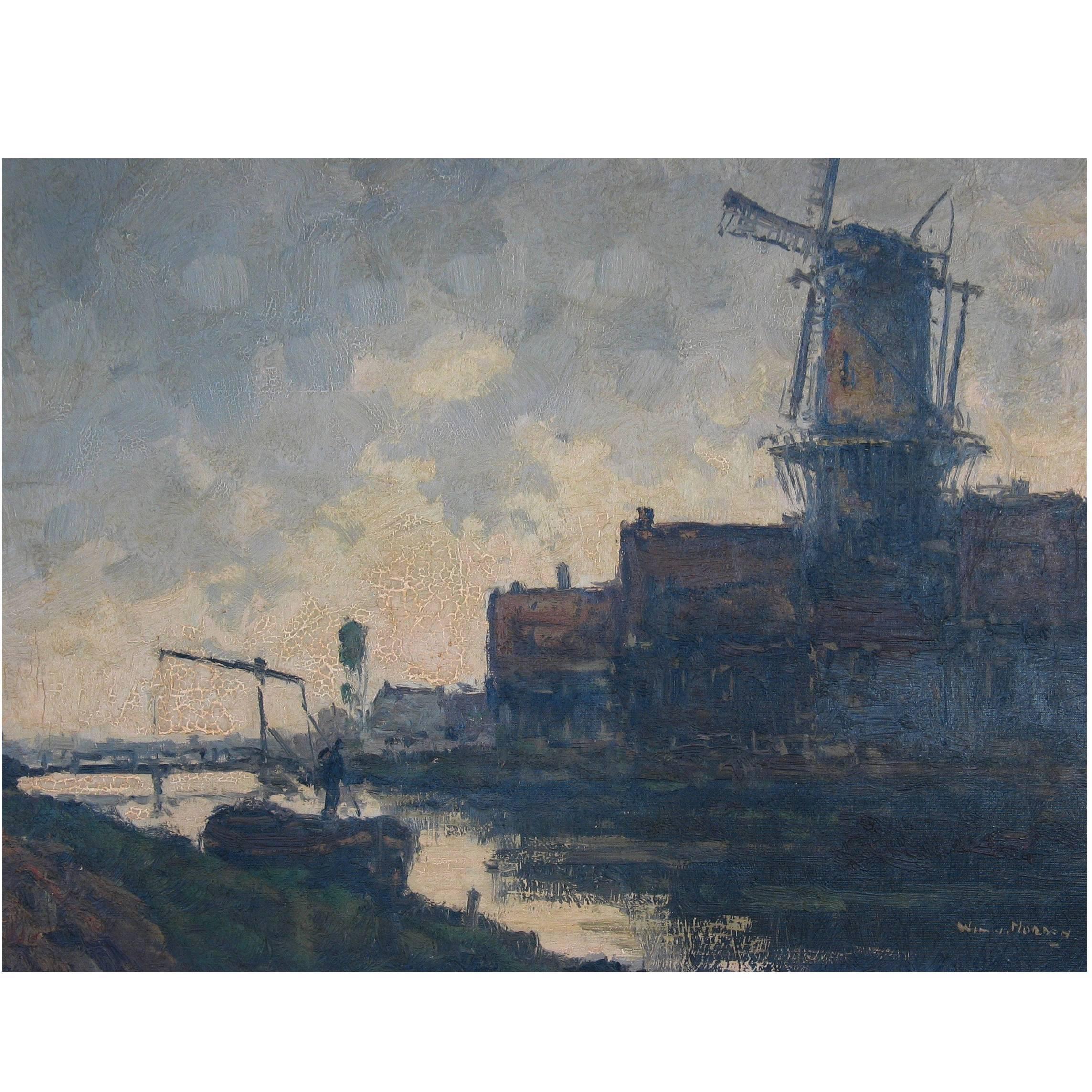 Wim Van Norden, Dutch Landscape with Canal and Windmill For Sale