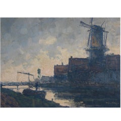 Vintage Wim Van Norden, Dutch Landscape with Canal and Windmill