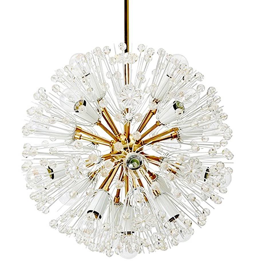 Stejnar Sputnik Flower Glass Crystal Brass Chandelier, Stilnovo Gio Ponti Era 