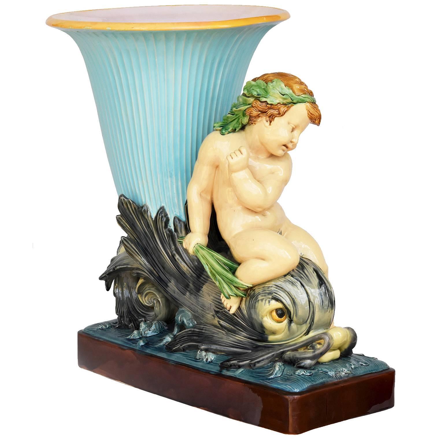19th Century Minton Majolica Monumental Turquoise Dolphin Vase Jardiniere  For Sale