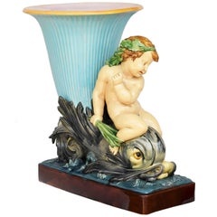 19th Century Minton Majolica Monumental Turquoise Dolphin Vase Jardiniere 