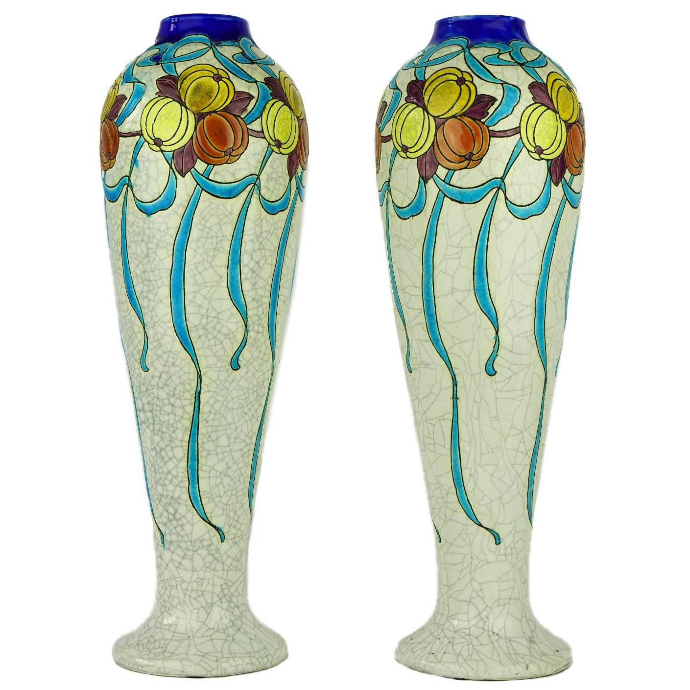 Pair of Art Deco Keramis Boch Blue Ribbons and Gourds Vases