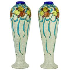Pair of Art Deco Keramis Boch Blue Ribbons and Gourds Vases