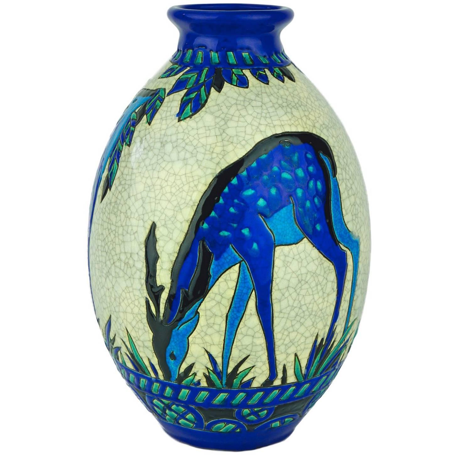 Art Deco Keramis Boch Blue Deer Vase For Sale