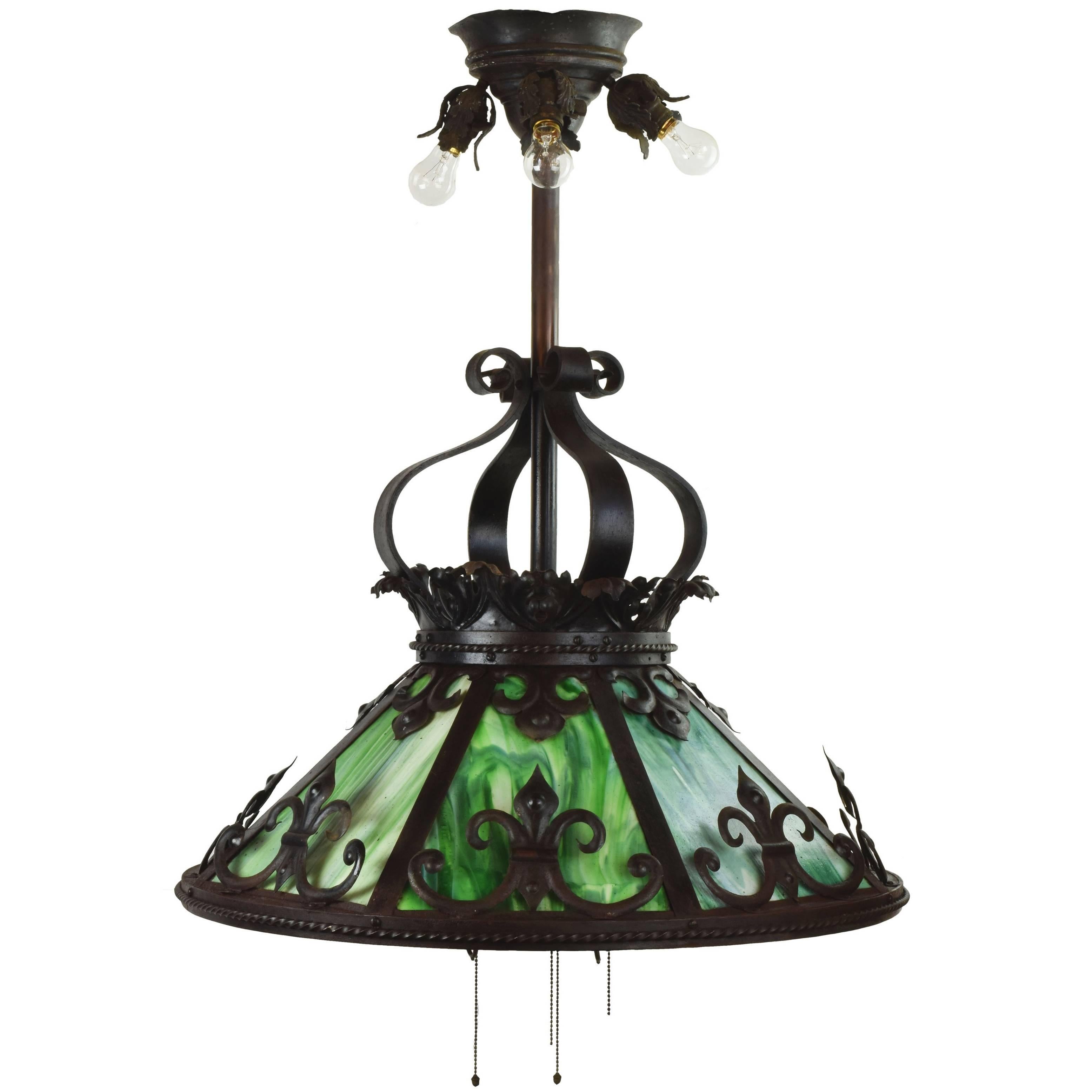 Green Slag Glass Iron Chandelier For Sale