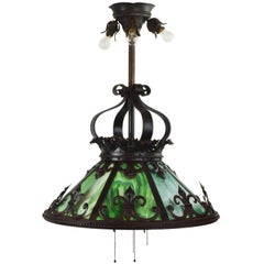 Green Slag Glass Iron Chandelier