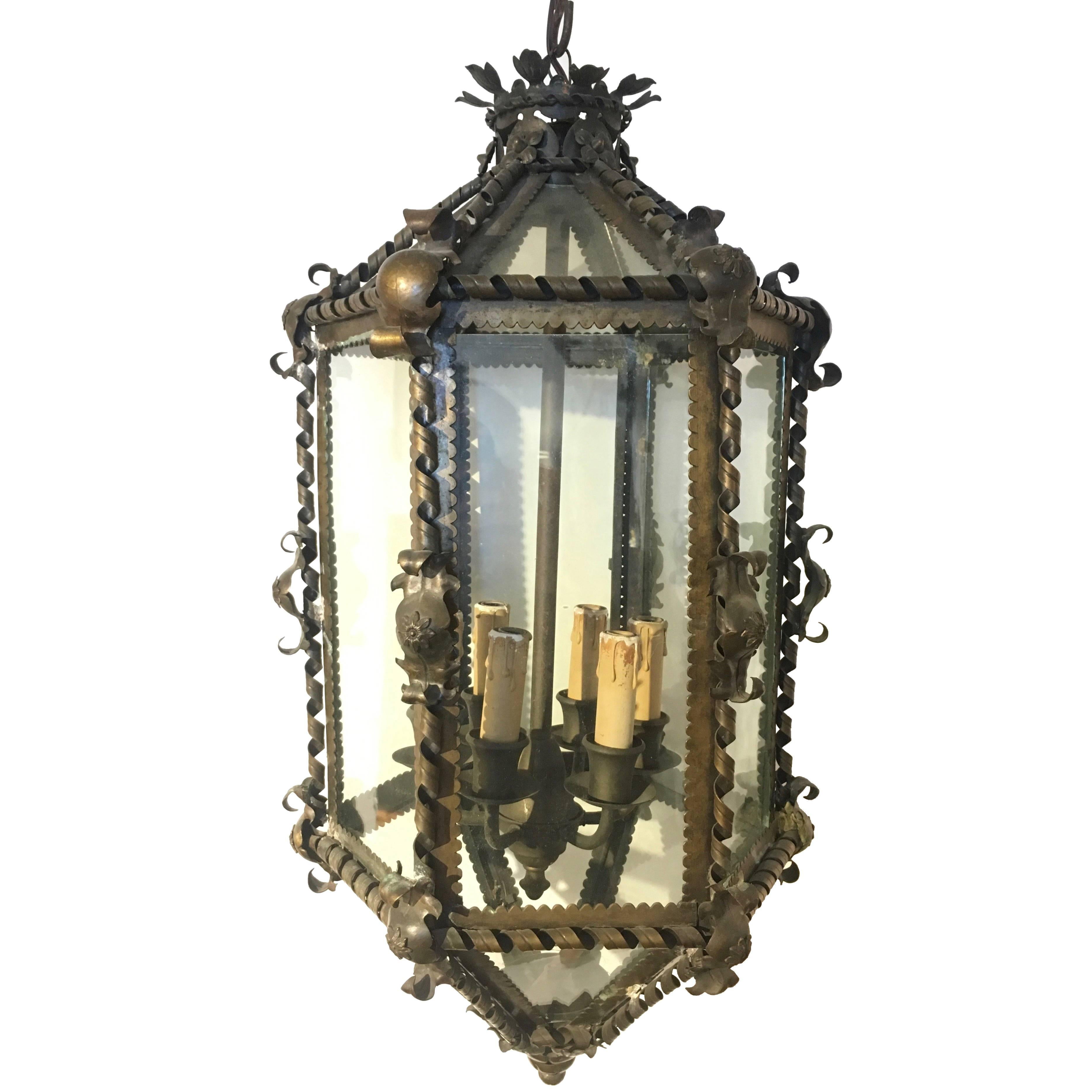 French Six-Sided Brass Hanging Lantern For Sale
