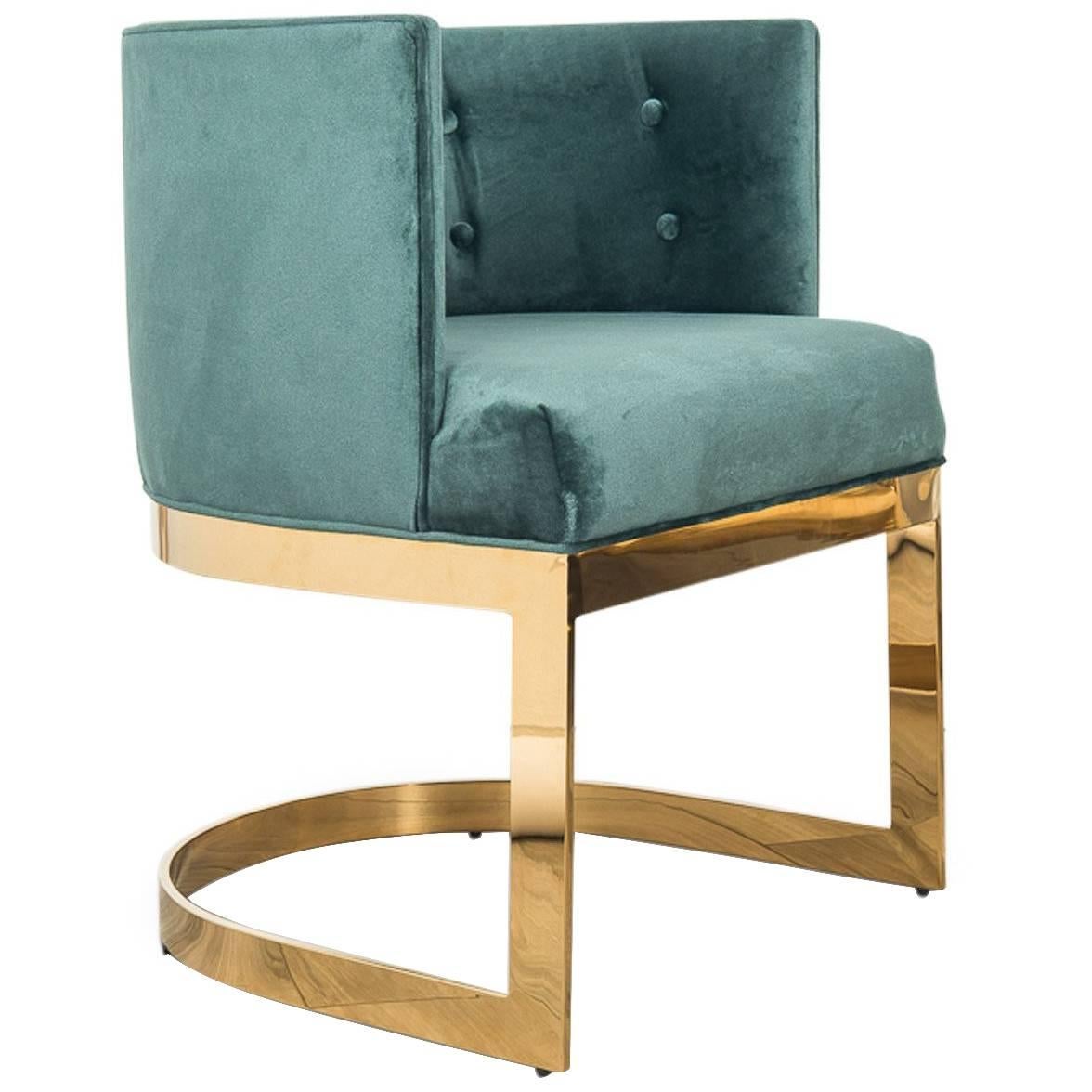 Art Deco Style Ibiza Dining Chair in Hunter Green Velvet w/ Curved Brass Frame