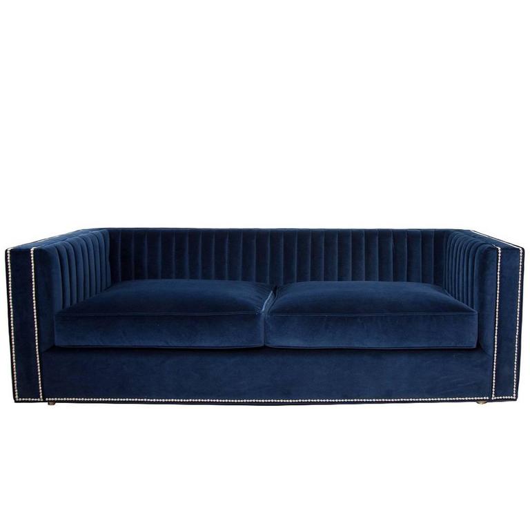 MidCentury Navy Velvet Loveseat with Long Arm Tufting and Chrome Nails