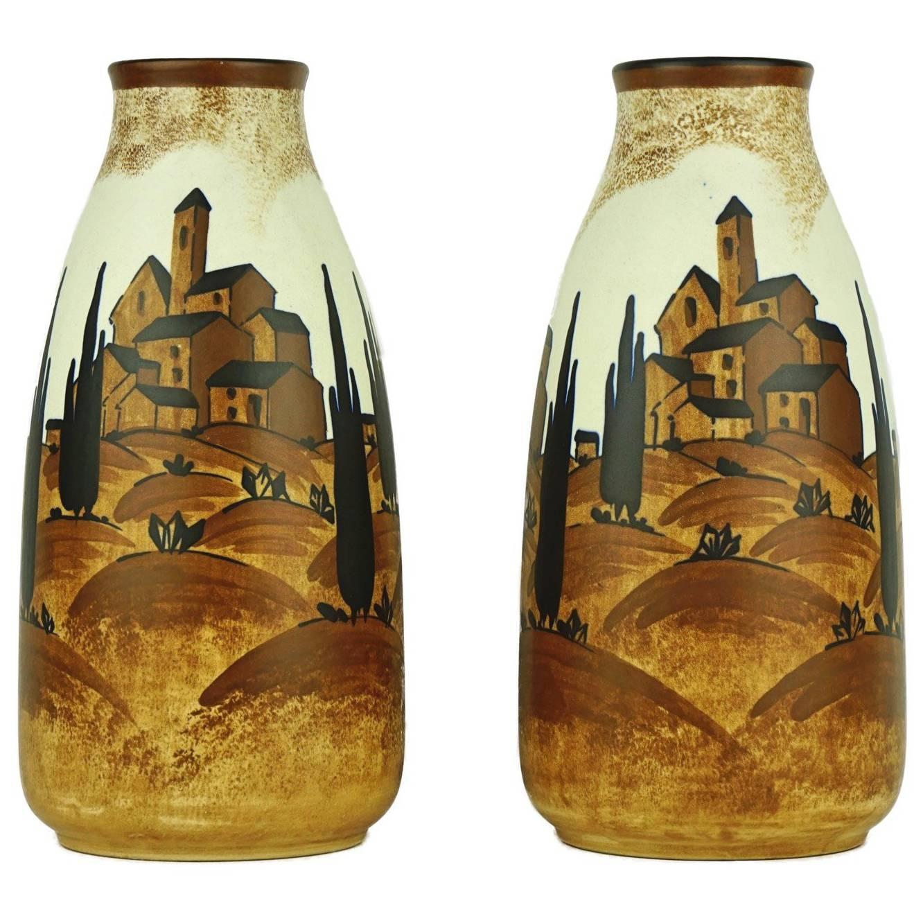Pair of Art Deco Boch Keramis Vases with Village Landscape For Sale