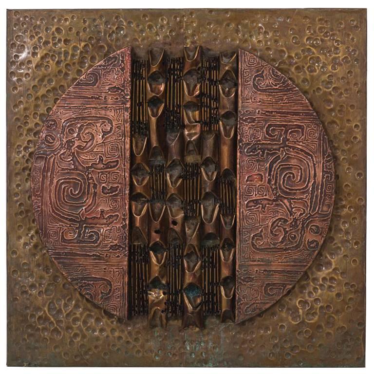 Square Brutalist Mixed Metal Wall Panel Sculpture, 1970s For Sale